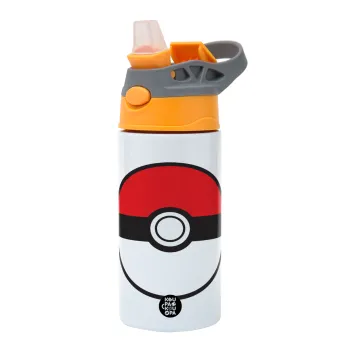 Pokemon ball, Children's hot water bottle, stainless steel, with safety straw, Orange/Grey (360ml) BPA-FREE