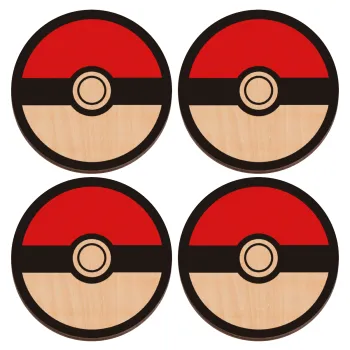 Pokemon ball, ΣΕΤ x4 Σουβέρ ξύλινα στρογγυλά plywood (9cm)