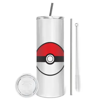 Pokemon ball, Tumbler ποτήρι θερμό από ανοξείδωτο ατσάλι 600ml, με μεταλλικό καλαμάκι & βούρτσα καθαρισμού