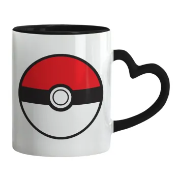 Pokemon ball, Κούπα καρδιά χερούλι μαύρη, κεραμική, 330ml