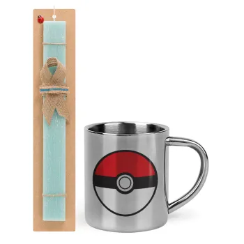 Pokemon ball, Easter Set, metallic thermal cup (300ml) & aromatic flat Easter candle (30cm) (TURQUOISE)