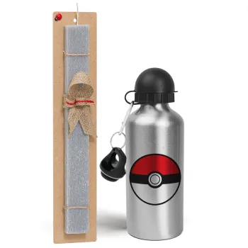 Pokemon ball, Easter Set, metallic silver aluminum water bottle (500ml) & aromatic flat Easter candle (30cm) (GRAY)