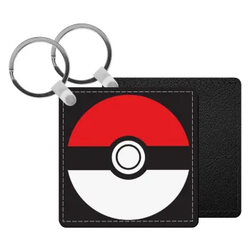 Pokemon ball, Μπρελόκ Δερματίνη, τετράγωνο ΜΑΥΡΟ (5x5cm)