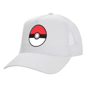 Pokemon ball, Structured Trucker Adult Hat, with Mesh, WHITE (100% COTTON, ADULT, UNISEX, ONE SIZE)