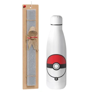 Pokemon ball, Easter Set, metallic stainless thermos bottle (500ml) & scented flat Easter candle (30cm) (GRAY)