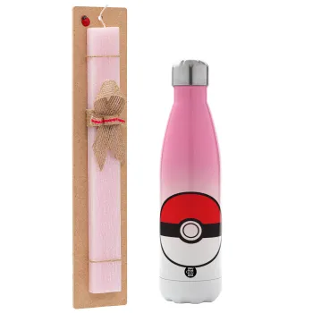 Pokemon ball, Easter Set, Metallic pink/white (Stainless steel) thermos, double-walled, 500ml & aromatic flat Easter candle (30cm) (PINK)