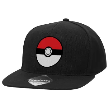 Pokemon ball, Adult Flat Snapback Hat Black, (100% COTTON TWILL, ADULT, UNISEX, ONE SIZE)