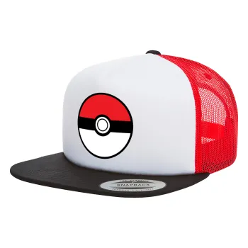 Pokemon ball, Adult Foam Flat Snapback with Mesh Black-White-Red (POLYESTER, ADULT, UNISEX, ONE SIZE)