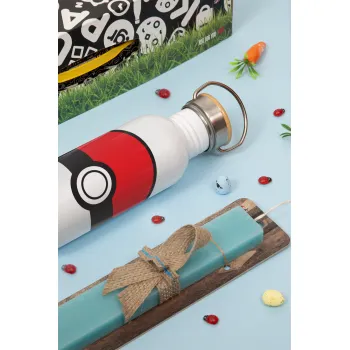 Pokemon ball, Easter Set, metallic silver aluminum water bottle (500ml) & scented flat Easter candle (30cm) (TURQUOISE)