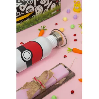Pokemon ball, Easter Set, SS Metallic water bottle (620ml, stainless steel) & scented flat Easter candle (30cm) (PINK)