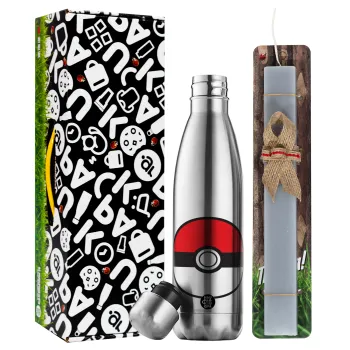 Pokemon ball, Easter Set, metallic stainless thermos flask (500ml) & scented flat Easter candle (30cm) (GRAY)