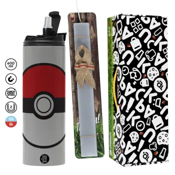 Pokemon ball, Easter candle with Grey Tumbler Thermo 600ml & aromatic flat candle (30cm) (GREY)
