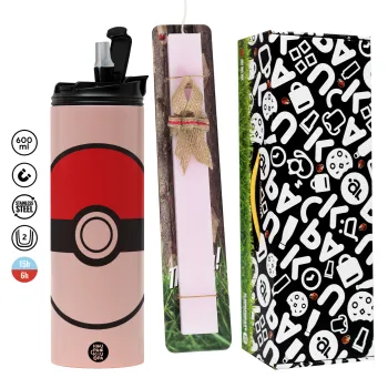Pokemon ball, Easter candle,Travel Tumbler 2 Lids, with metal straw & cleaning brush & aromatic flat candle (30cm) (PINK)