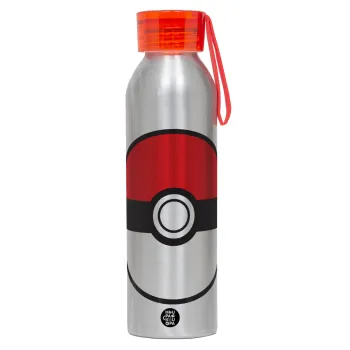Pokemon ball, Αλουμινένιο Αθλητικό Μπουκάλι 650ml – Ασημί με Κόκκινο Καπάκι και Λουράκι Σιλικόνης