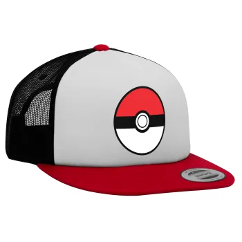 Pokemon ball, Adult Foam Flat Snapback with Mesh Red-White-Black (POLYESTER, ADULT, UNISEX, ONE SIZE)