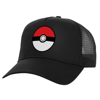 Pokemon ball, Structured Trucker Adult Hat, with Mesh, Black (100% COTTON, ADULT, UNISEX, ONE SIZE)
