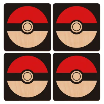 Pokemon ball, ΣΕΤ x4 Σουβέρ ξύλινα τετράγωνα plywood (9cm)