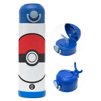 Pokemon ball, Παιδικό παγούρι θερμό, ανοξείδωτο, με καλαμάκι ασφαλείας, ΜΠΛΕ (500ml)
