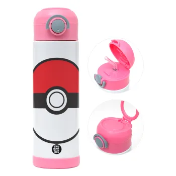 Pokemon ball, Παιδικό παγούρι θερμό, ανοξείδωτο, με καλαμάκι ασφαλείας, ΡΟΖ (500ml)