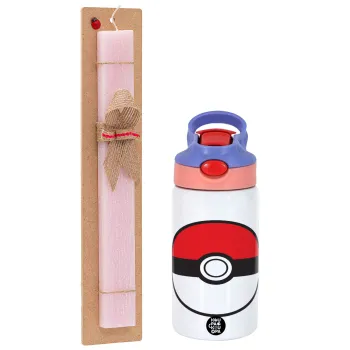 Pokemon ball, Easter Set, Children's thermal stainless steel water bottle with safety straw, pink/purple (350ml) & Easter scented flat candle (30cm) (PINK)