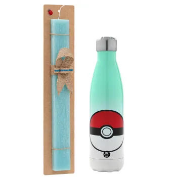 Pokemon ball, Easter Set, Metallic green/white thermos (Stainless steel), double-walled, 500ml & scented flat Easter candle (30cm) (TURQUOISE)