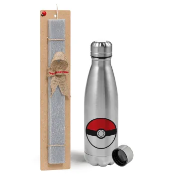 Pokemon ball, Easter Set, metallic Inox water bottle (750ml) & aromatic flat Easter candle (30cm) (GRAY)