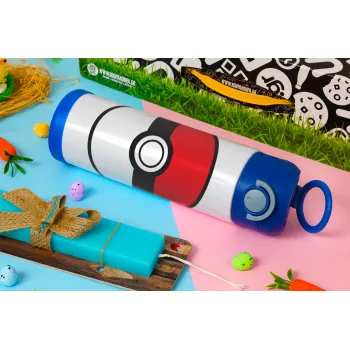 Pokemon ball, Easter candle, Childrens hot water bottle, stainless steel, with safety straw, BLUE (500ml)