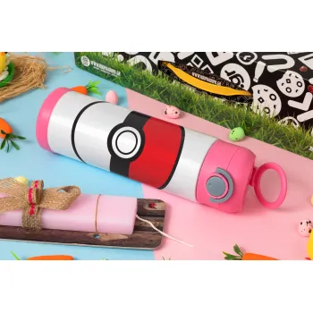 Pokemon ball, Πασχαλινή Λαμπάδα με Παιδικό παγούρι θερμό, ανοξείδωτο, με καλαμάκι ασφαλείας, ΡΟΖ (500ml)