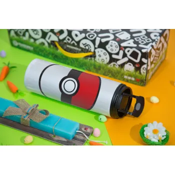 Pokemon ball, Πασχαλινή Λαμπάδα με Travel Tumbler θερμό με διπλό καπάκι (600ml, BPA free) & κερί αρωματικό πλακέ (30cm) (ΤΙΡΚΟΥΑΖ)