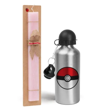 Pokemon ball, Easter Set, metallic Silver aluminum water bottle (500ml) & scented flat Easter candle (30cm) (PINK)