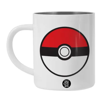 Pokemon ball, Λευκή Ανοξείδωτη Μεταλλική Κούπα 450ml - Διπλού Τοιχώματος 