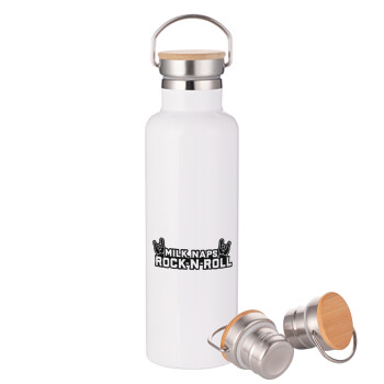 Milk, Naps, Rock N Roll, Stainless steel White with wooden lid (bamboo), double wall, 750ml