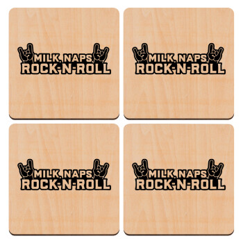 Milk, Naps, Rock N Roll, ΣΕΤ x4 Σουβέρ ξύλινα τετράγωνα plywood (9cm)