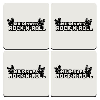 Milk, Naps, Rock N Roll, ΣΕΤ 4 Σουβέρ ξύλινα τετράγωνα (9cm)