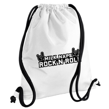 Milk, Naps, Rock N Roll, Backpack pouch GYMBAG white, with pocket (40x48cm) & thick cords
