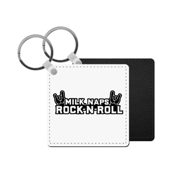 Milk, Naps, Rock N Roll, Μπρελόκ Δερματίνη, τετράγωνο ΜΑΥΡΟ (5x5cm)