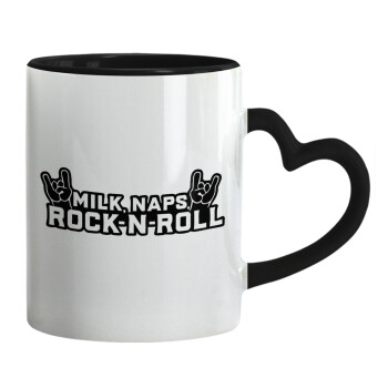 Milk, Naps, Rock N Roll, Mug heart black handle, ceramic, 330ml