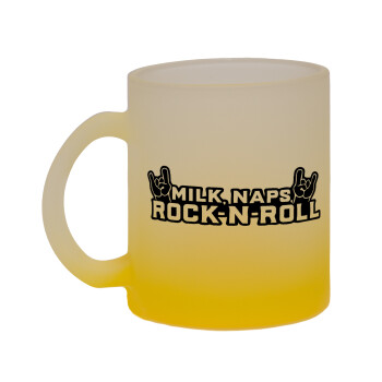 Milk, Naps, Rock N Roll, Κούπα γυάλινη δίχρωμη με βάση το κίτρινο ματ, 330ml