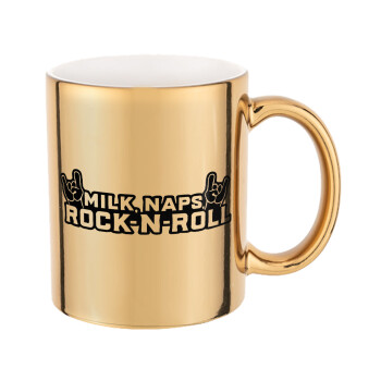 Milk, Naps, Rock N Roll, Κούπα κεραμική, χρυσή καθρέπτης, 330ml