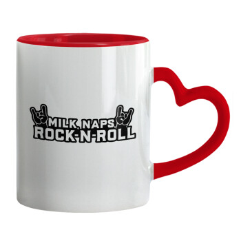 Milk, Naps, Rock N Roll, Mug heart red handle, ceramic, 330ml