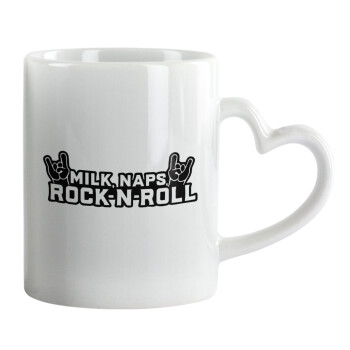 Milk, Naps, Rock N Roll, Mug heart handle, ceramic, 330ml