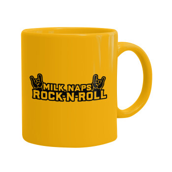 Milk, Naps, Rock N Roll, Ceramic coffee mug yellow, 330ml (1pcs)