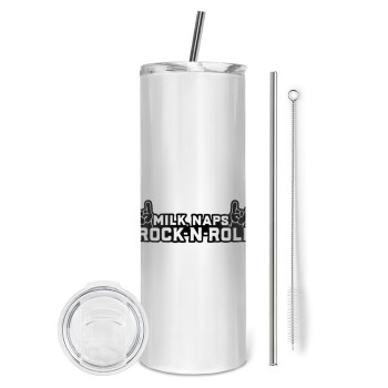 Milk, Naps, Rock N Roll, Eco friendly stainless steel tumbler 600ml, with metal straw & cleaning brush