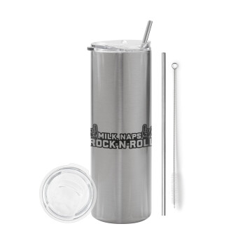 Milk, Naps, Rock N Roll, Eco friendly stainless steel Silver tumbler 600ml, with metal straw & cleaning brush