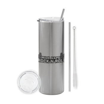 Milk, Naps, Rock N Roll, Tumbler stainless steel Silver 600ml, with metal straw & cleaning brush