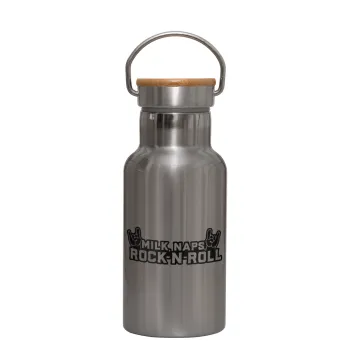 Milk, Naps, Rock N Roll, Stainless steel metallic thermos flask, silver with a bamboo lid, double-walled, 350ml.