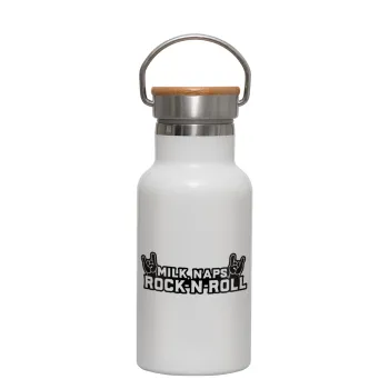 Milk, Naps, Rock N Roll, Metallic thermos (Stainless steel) White with wooden lid (bamboo), double-walled, 350ml