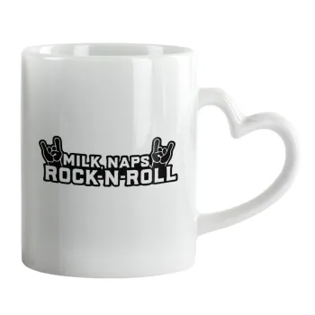 Milk, Naps, Rock N Roll, Mug heart handle, ceramic, 330ml
