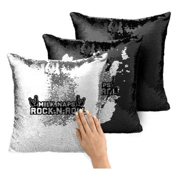 Milk, Naps, Rock N Roll, Μαξιλάρι καναπέ Μαγικό Μαύρο με πούλιες 40x40cm περιέχεται το γέμισμα