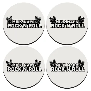 Milk, Naps, Rock N Roll, SET of 4 round wooden coasters (9cm)